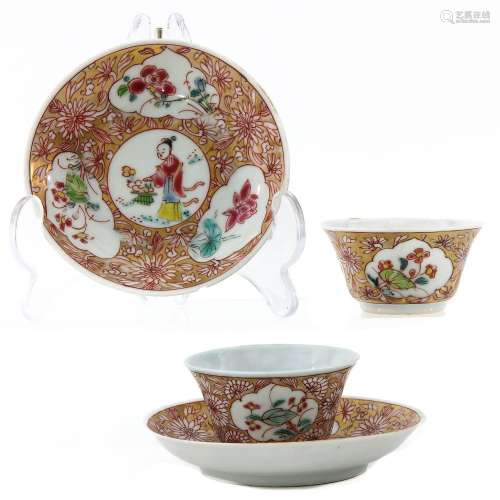 A Pair of Famille Rose Cups and Saucers