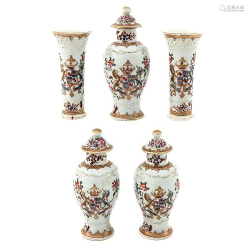A Collection of 5 Garniture Vases