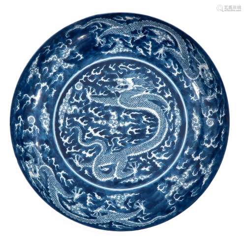 A Blue and White Dragon Dish