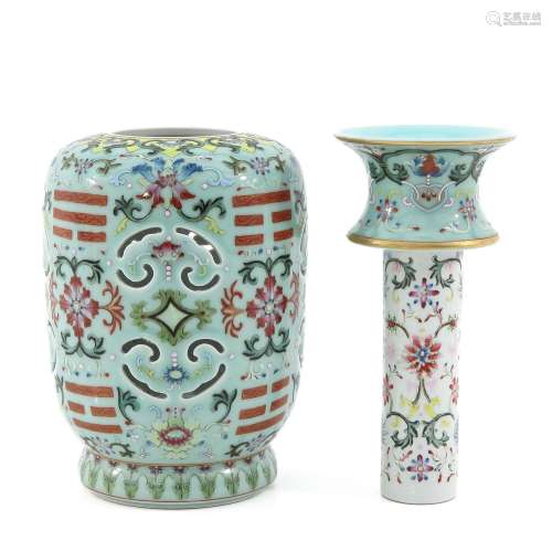 A Famille Rose Celadon Vase