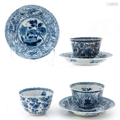A Set of 3 Blue and White Cups and Saucers
