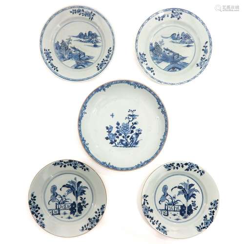 A Collection of 5 Blue and White Plates