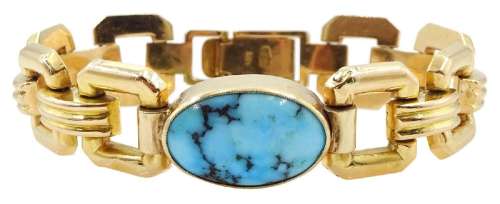 18ct gold gold link bracelet set with a single stone oval tu...