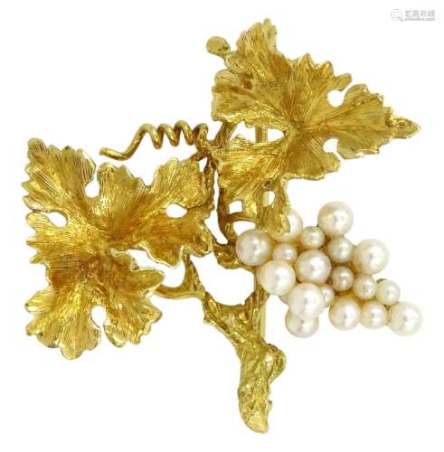 18ct gold pearl grape vine brooch