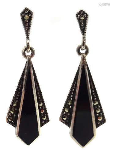 Pair of silver black onyx and marcasite pendant stud earring...