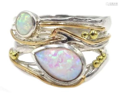 Silver and 14ct gold wire opal ring