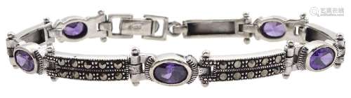 Silver oval amethyst and marcasite bracelet