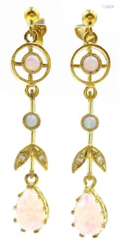 Pair of silver-gilt three stone opal pendant earrings