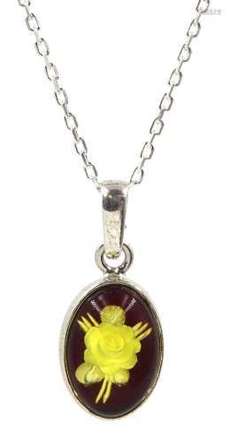 Silver amber engraved rose oval pendant necklace