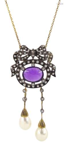 Oval cabochon amethyst diamond and pearl bow top pendant