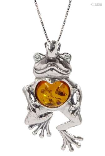 Silver Baltic amber frog prince pendant necklace