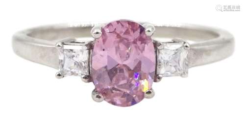 9ct white gold three stone oval pink stone and cubic zirconi...