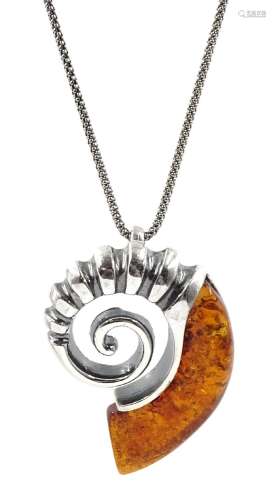 Silver Baltic amber fossil pendant necklace