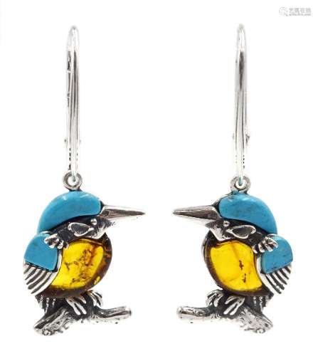 Pair of silver Baltic amber and turquoise kingfisher pendant...
