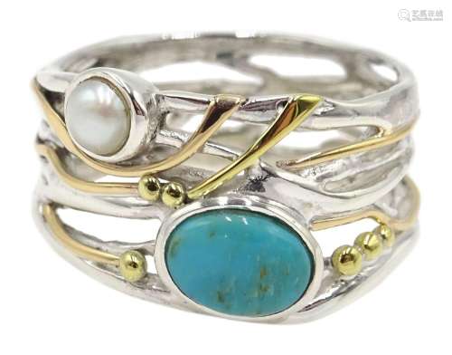 Silver and 14ct gold wire pearl and turquoise ring