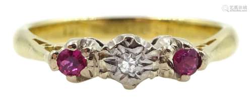 Gold three stone ruby diamond ring