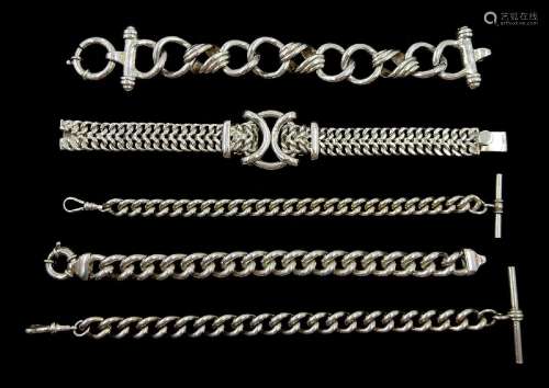 Five silver bracelets including two curb link bracelets with...