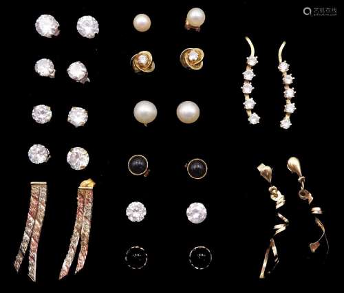 Nine pairs of 9ct gold earrings including pearl and cubic zi...