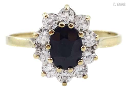 9ct gold oval sapphire and cubic zirconia cluster ring