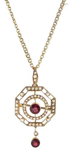 Edwardian garnet and seed pearl openwork brooch/pendant neck...