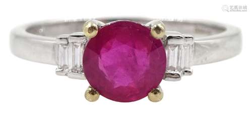 18ct white gold round ruby and baguette diamond ring