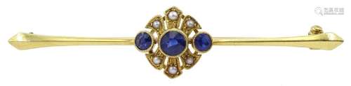 Early 20th century sapphire and pearl bar brooch