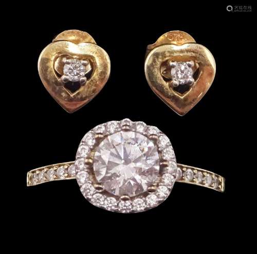 Pair of 9ct gold round brilliant cut diamond heart shaped st...