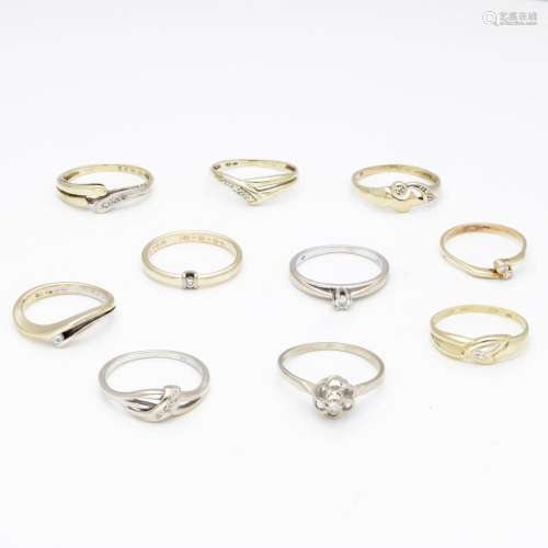 Lot of 14K. gold rings, some of which are set with diamonds.