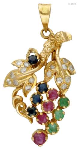 Vintage 18K. yellow gold pendant set with ruby, sapphire, em...