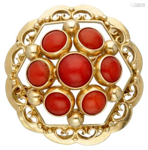 Vintage 14K. yellow gold brooch set with approx. 1.68 ct. re...