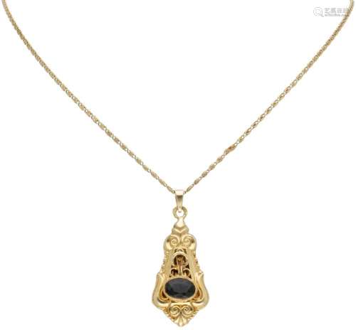 14K. Yellow gold Greek link necklace with pendant set with a...