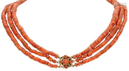 14K. Yellow gold three-row red coral necklace.