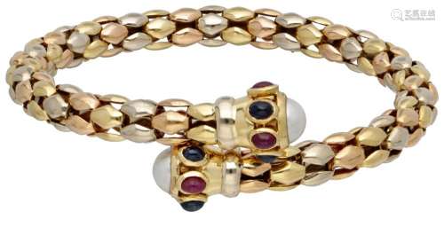 18K. Tricolor gold popcorn link bracelet set with pearl, rub...