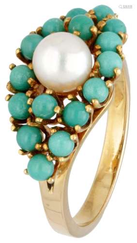 14K. Yellow gold ring set with approx. 2.08 ct. turquoise an...