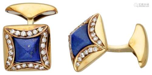 18K. Yellow gold cufflinks set with lapis lazuli and approx....