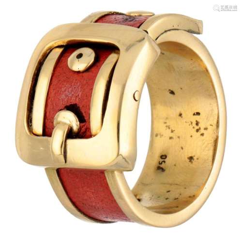 Vintage 18K. yellow gold buckle ring with red leather inlay.