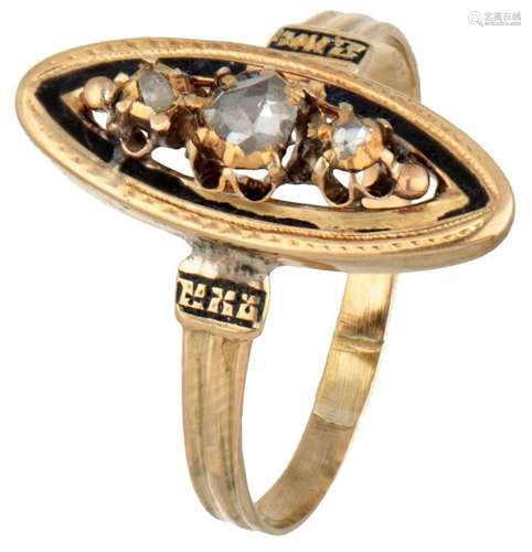 14K. Yellow gold ring set with diamonds and black enamel.