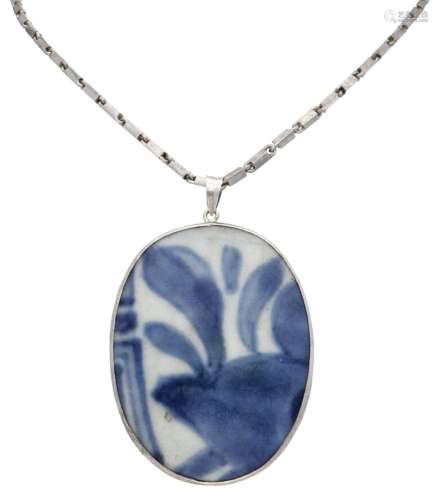 Sterling silver link necklace with pendant set with Delft bl...