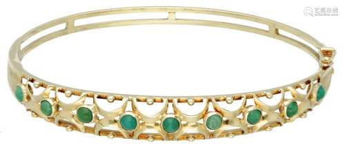 14K. Yellow gold bangle bracelet set with green stone.