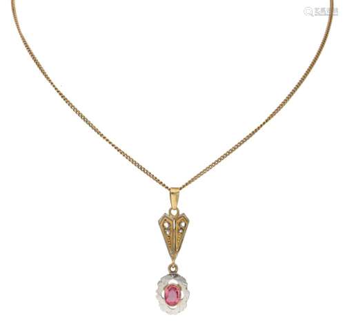 18K. Bicolor gold necklace set with approx. 0.38 ct. tourmal...