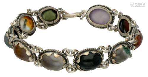 835 Silver link bracelet set with various gemstones.