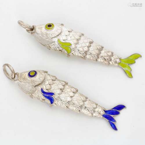 Sterling silver flexible fish pendants set with colored enam...