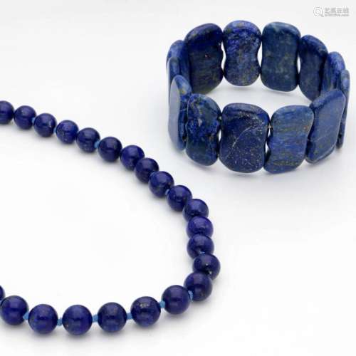 Set of one-row lapis lazuli beaded necklace and bracelet.