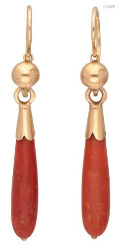 Antique 14K. yellow gold earrings set with red coral.