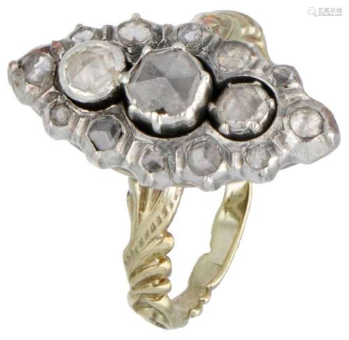 Vintage 14K. bicolor gold navette ring set with diamonds.