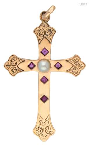 14K. Yellow gold cross pendant set with pearl and ruby.