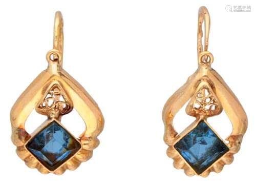 Antique 19.2K. yellow gold earrings set with blue colored st...