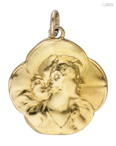 14K. Yellow gold Art Nouveau pendant with a portrait of a wo...