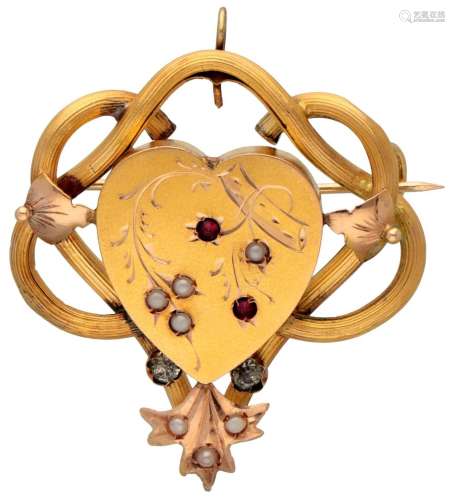 14K. Yellow gold Art Nouveau brooch/pendant set with garnets...