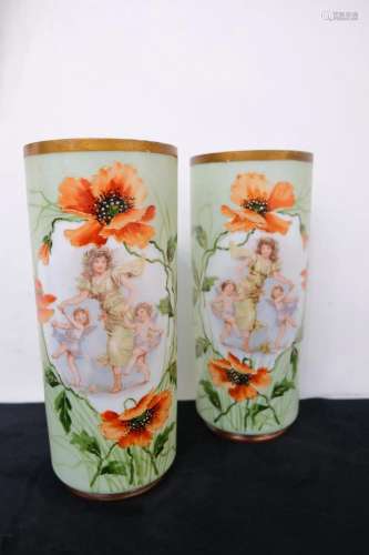Paire de vases rouleau en opaline à décor de femmes avec des...
